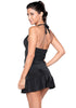 Angled side and back view of model wearing solid black flared swim skirt