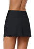 Back view of black tulip hem tassels mid-waist ruched swim skirt