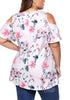 Back view of model in plus size light pink floral cold-shoulder blouse