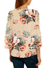 Back view of model wearing beige 34 bell mesh panel sleeves V-neckline floral top