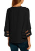 Back view of model wearing black V-neckline mesh bell sleeves loose wrap blouse