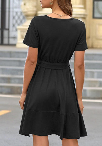Black V-Neckline Short Sleeves Belted Ruffle Dress