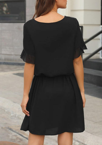 Black Drawstring-Waist Ruffle Short Sleeves Mini Dress