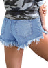 Back view of model wearing blue frayed raw hem high-waist denim shorts