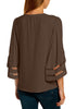 Back view of model wearing brown 3/4 bell mesh panel sleeves V-neckline loose top