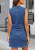Back view of model wearing dark blue raw hem sleeveless button-down denim dress