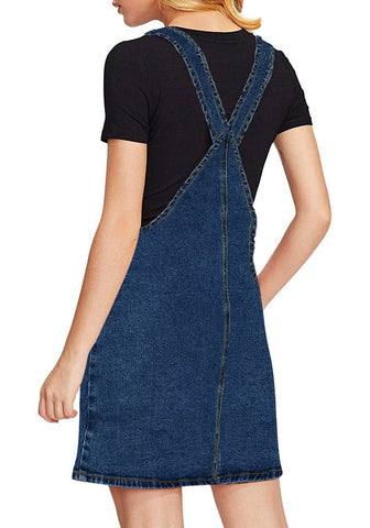 Dark Blue Side Pockets Overall Denim Pinafore Dress