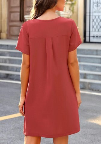 Dark Coral Pink V-Neck Button Down Short Sleeve Mini Dress