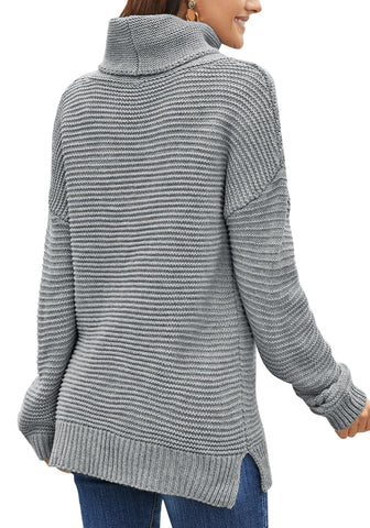 Grey Side Slit Turtleneck Textured Knit Sweater