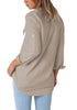 Back view of model wearing khaki long cuffed sleeves lapel button-up blouse