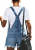 Back view of model wearing light blue frayed raw hem denim shorts overall