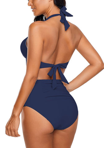 Navy Halter Ruched High-Waist Bikini Set