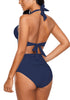 Back view of model wearing navy halter ruched high-waist bikini set