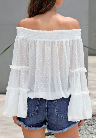 White Bell Sleeves Dotted Loose Off-Shoulder Top