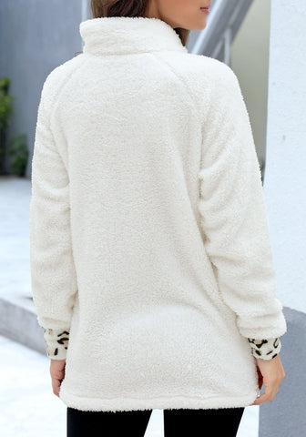 White Oblique Stand Collar Leopard Fleece Pullover