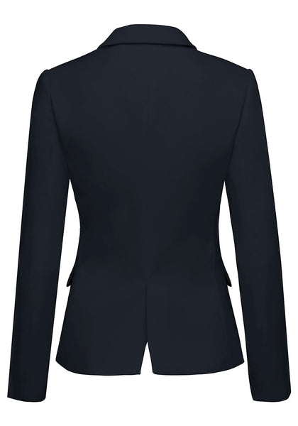 Back view of navy back-slit notched lapel blazer's 3D image