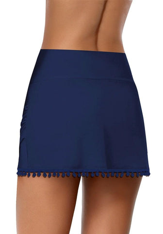Navy Blue Tulip Hem Tassels Mid-Waist Ruched Swim Skirt