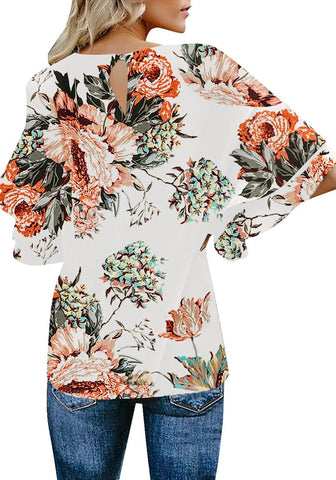 Apricot Trumpet Sleeves Keyhole-Back Floral Blouse