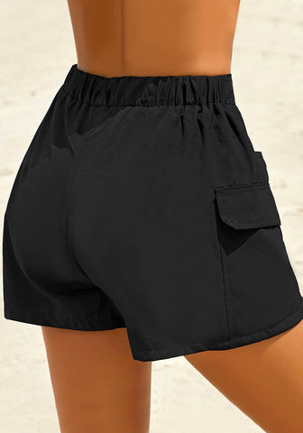 Black Elastic-Waist Side Pockets Lace-Up Board Shorts