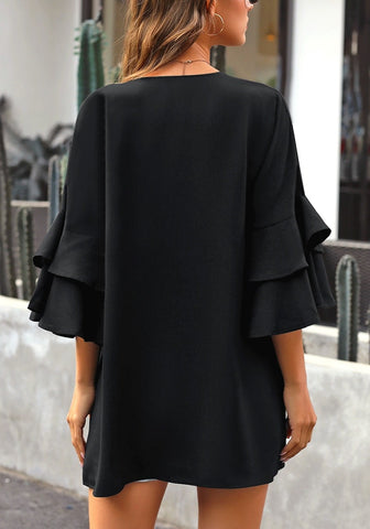 Black Layered Trumpet Sleeves Open-Front Plain Kimono