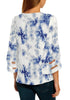Back view of model wearing blue 3-4 bell mesh panel sleeves V-neck tie-dye top