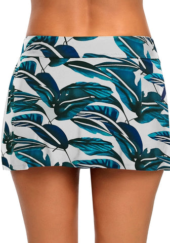 Blue Zipper-Pocket Waistband Leaves-Print Skirted Bikini Bottom