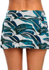Back view of model wearing blue zipper-pocket waistband leaves-print skirted bikini bottom