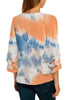 Back view of model wearing coral & blue 3-4 bell mesh panel sleeves V-neck tie-dye top