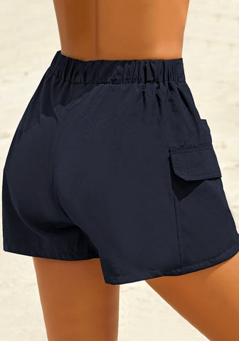 Navy Elastic-Waist Side Pockets Lace-Up Board Shorts