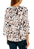 Back view of model wearing white 34 mesh panel sleeves V-neckline abstract-print top