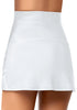 Back view of model wearing white tulip hem high waist ruched swim skirt