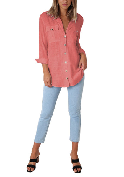 Front full body shot of model wearing coral long cuffed sleeves lapel button-up blouse