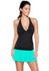 Front full body shot of model wearing solid aqua blue flared swim skirt