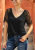 Front view of black crochet lace short sleeves V-neckline top