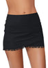 Front view of black tulip hem tassels mid-waist ruched swim skirt