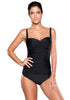 Front view of model in black ruched tankini set
