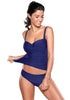 Front view of model in blue ruched tankini set