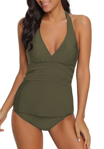 Front view of model wearing army green solid color halter tankini set