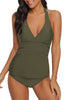Front view of model wearing army green  solid color halter tankini set