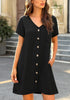 Front view of model wearing black V-neck button down short sleeve mini dress