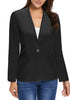 Front view of model wearing black V-neckline single button blazer