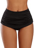 Front view of model wearing black high waist ruched swim bottom