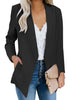 Front view of model wearing black open-front side pockets blazer