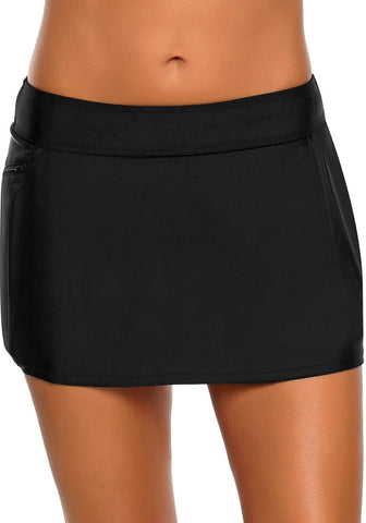 Black Zipper-Pocket Waistband Skirted Bikini Bottom