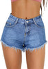 Front view of model wearing blue mid-waist frayed raw hem denim shorts