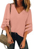 Front view of model wearing blush pink 34 bell mesh panel sleeves V-neckline loose top