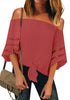 Front view of model wearing coral pink 34 bell mesh panel sleeves tie-front off-shoulder top