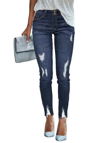 Dark Blue Double Button Ripped Skinny Denim Jeans