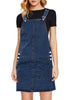 Front view of model wearing dark blue side pockets overall denim pinafore dress