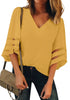 Front view of model wearing mustard yellow 34 bell mesh panel sleeves V-neckline loose top